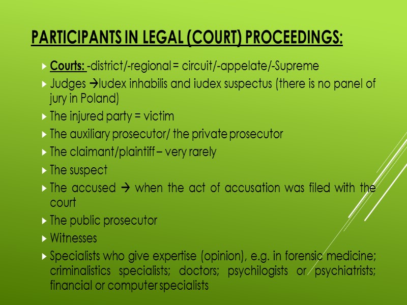 Participants in legal (court) proceedings: Courts: -district/-regional = circuit/-appelate/-Supreme Judges Iudex inhabilis and iudex